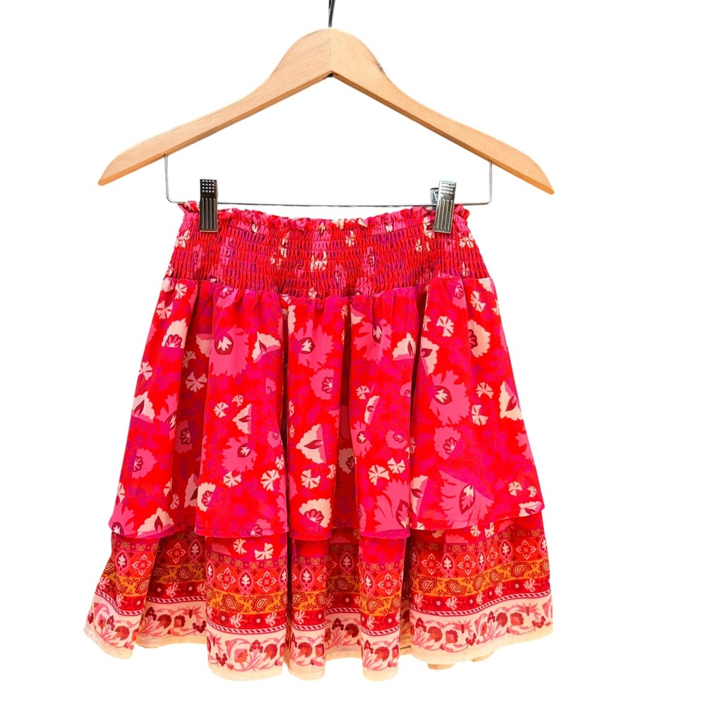 Flying Tomato Skirt Womens S Red Floral Paisley Smocked Tiered Mini Boho Flirty